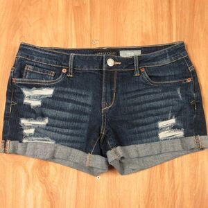 AEROPOSTALE Midi Cuffed Distressed Jean Shorts Sz 4 Ripped Dark Blue Denim Jorts